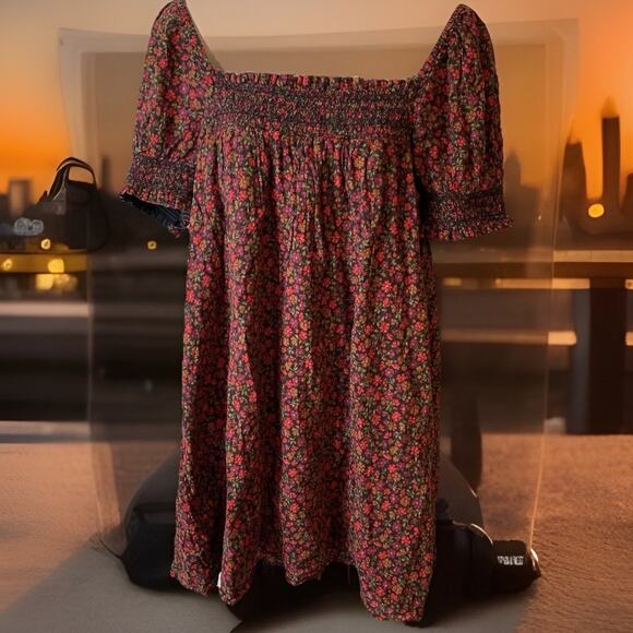 Y2k American Eagle Boho Mini Dress Women M Floral Cottagecore PuffSleeve Coastal - Picture 1 of 10